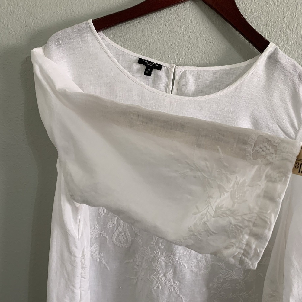 Talbots 1X White Linen Embroidered Blouse Boho Cottagecore Floral 3/4 Sleeve Top - Picture 6 of 11